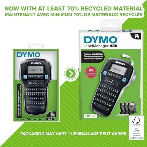 DYMO LabelManager 160 Label Maker Bundle with 3 D1 Label Cassettes, Portable Handheld, QWERTY Keyboard, One-Touch Smart Keys, Large Display, Home & Office Organization