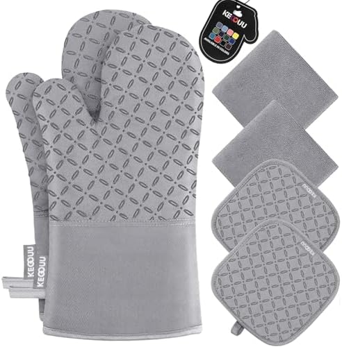 KEGOUU Oven Mitts and Pot Holders 6pcs Set, Kitchen Oven Glove High Heat Resistant 500 Degree Extra Long Oven Mitts and Potholder with Non-Slip Silicone Surface for Cooking (Light Gary)