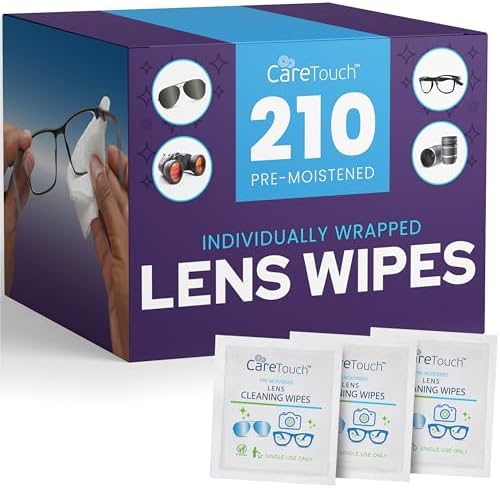 Care Touch Lens Wipes for Eyeglasses- 210 Count Individually Wrapped Pre- Moistened Wipes, 5 x 6 Inch- Camera Lens, Sunglasses and Glasses Cleaner,- Gentle and Portable for Cleaning of Optical Devices