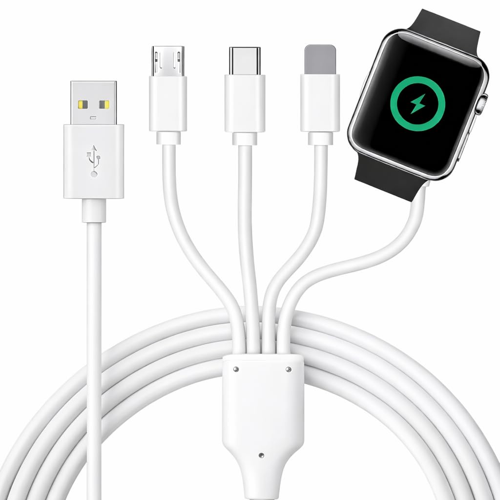 TOP-UP 4 in 1 Watch & Phone Charger Cable – Travel Essentials Multi Charging Cable for Apple Watch, iPhone, USB-C & Micro, Multi Device Charger Cord, 4FT