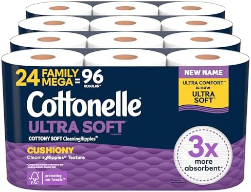 Cottonelle Ultra Soft Toilet Paper with Cushiony CleaningRipples Texture, Strong Bath Tissue, 24 Family Mega Rolls = 108 Regular Rolls (4 Packs of 6)