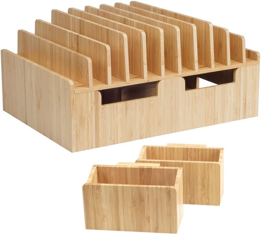 MobileVision Bamboo 10-Port Charging Station & Docking Organizer for Smartphones & Tablets, Family-Sized, for use in Corporate Offices & Classrooms