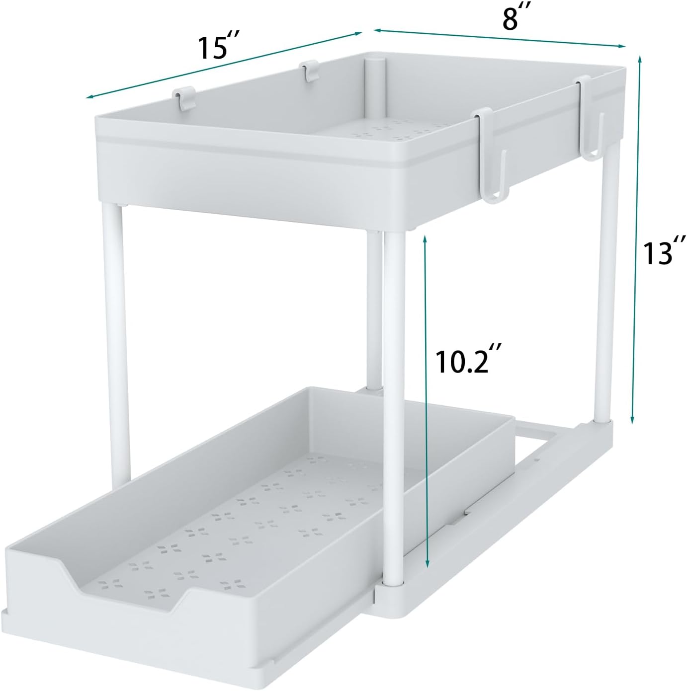 DEKAVA Cabinet, 2 Pack Under Sink Organizer, 2 Tier Sliding Bathroom Kitchen Organizer, Large White ABS Baskets, Easy Install & Clean