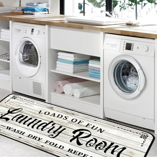 White-1 Farmhouse Laundry Room Rug Runner, Non-Slip Floor Mat, Waterproof Runner for Kitchen, Bathroom, and Mudroom Decor 20''x48''
