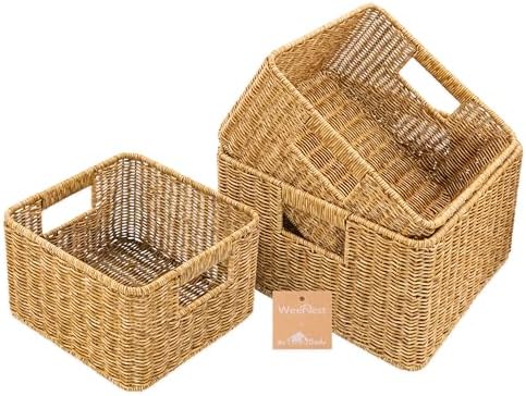 myHomeBody Wicker Storage Basket, Storage Cubes, Resin Wicker, Tan | Set of 3, Woven Baskets for Organizing, Wicker Baskets for Shelf, Large Cube Storage Organizer