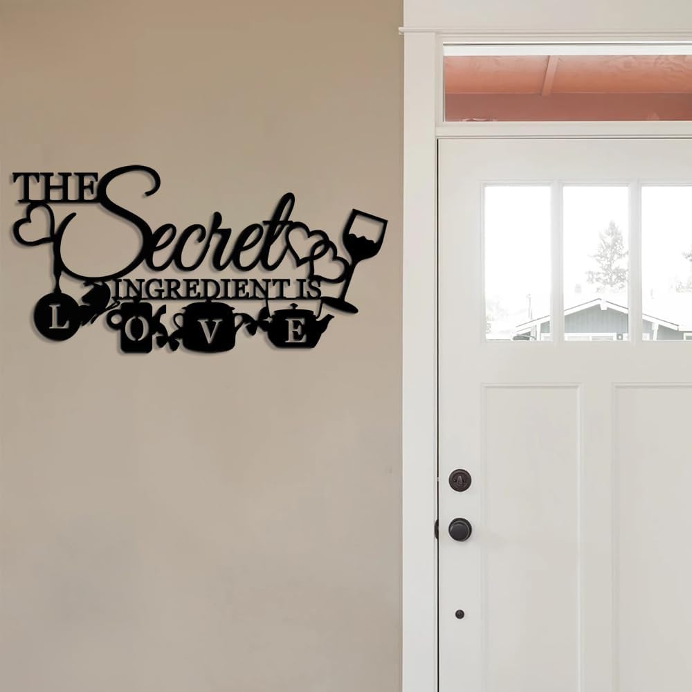 XORT The Secret Ingredient is Love Metal Wall Art Sign, Farmhouse Dining Room Kitchen Wall Decor Housewarming Gift Counter Pantry Sign. (Black -16 x 8 inch)