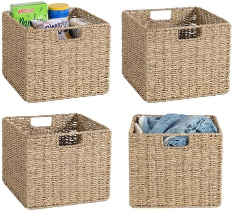 12x12x10in Seagrass Storage Baskets Set of 4, Large Wicker Storage Basket, Decorative Seagrass Shelf Basket, Pantry Baskets Organization,Folding Storage Cube Bins