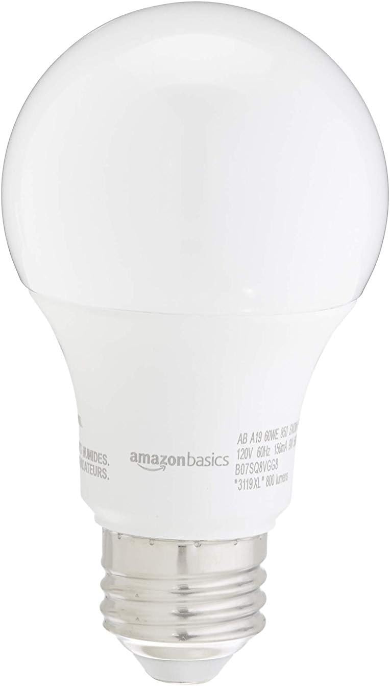 Amazon Basics A19 LED Light Bulbs, 60W Equivalent, Daylight White 5000K, Non-Dimmable, Energy Efficient 9W, E26 Base, 10,000 Hour Lifetime, 24-Pack
