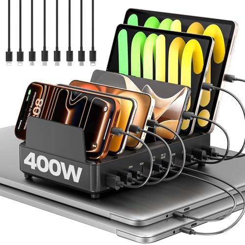 400W Charging Station for Multiple Devices,Dual PD 100W Multi USB C Charging Station with 8 Cable,10 Port Charger Station for MacBook iPhone iPad Laptop Cell Phone Android Tablet-Black