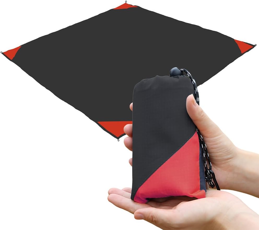 Orga'Neat Pocket Picnic Blanket, Beach Mat Waterproof Sandproof, Compact Lightweight Small Tarp for Camping, Hiking, Backpacking, Festival, Travel, Foldable in Bags (Black/Red, 55"x60")