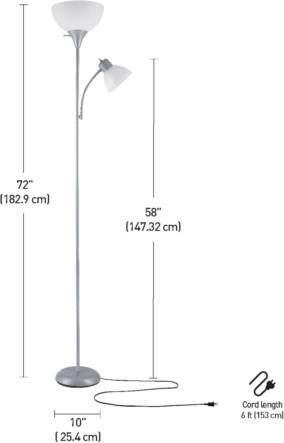 Globe Electric 67134 72" Torchiere Floor Lamp and Adjustable Reading Light, Silver, Frosted Shade, Dual Rotary Switch, 3-Step Dimming, Modern Lighting for Living Room or Office, Timeless