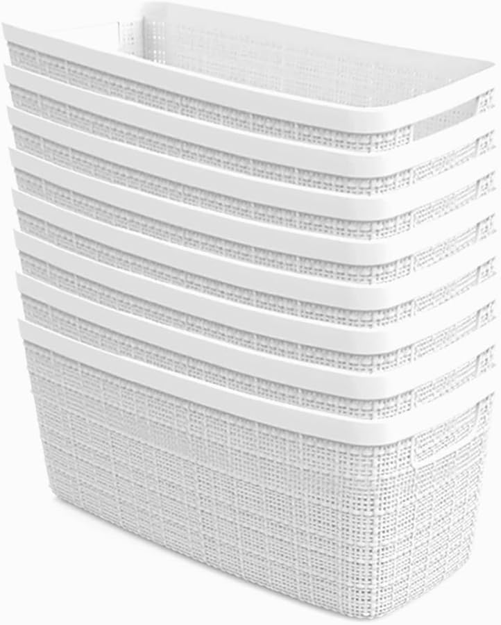 Curver Set of 8 Slim 6.8L Jute Decorative Plastic Organization and Storage Baskets - Perfect Bins for Home Office, Closet Shelves, Kitchen Pantry and All Bedroom Essentials, White