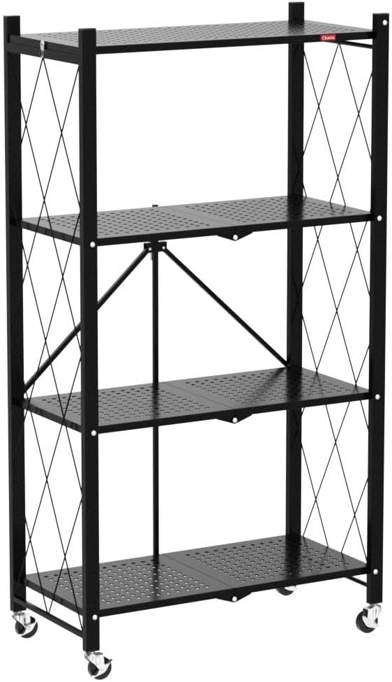 DEANIC 4 Tier Foldable Storage Shelves with Wheels, No Assembly Organizer Rack for Garage Kitchen, Basement, Pantry,Perfect for Craft Shows & Vendor Events(Black)