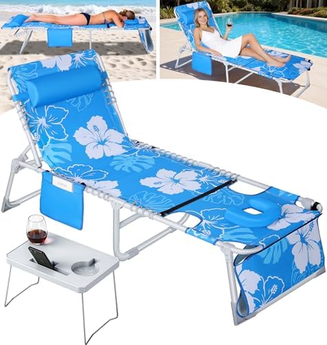 KingSom Sun Tanning Chair with Face Hole,Beach Lounge Chair with Folding Side Table,6-Position Recliner Chaise Lounge Chair,Pool Lounge Chair Outdoor Lay Flat with Pillow & Pocket,Max 350lbs-White