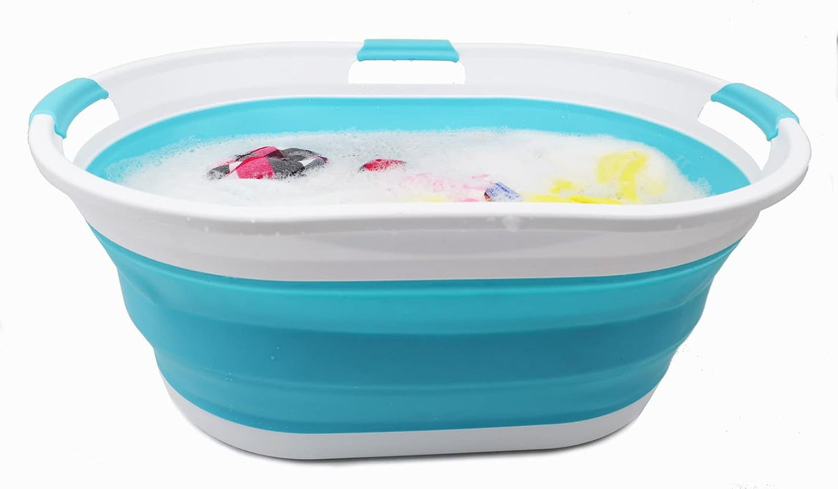 SAMMART 44L Collapsible Plastic Laundry Basket - Foldable Pop Up Storage Container/Organizer - Portable Washing Tub - Water Capacity: 35L (1, White/Bright Blue), Size : 25.4 x 17.8 x 10.6 inches