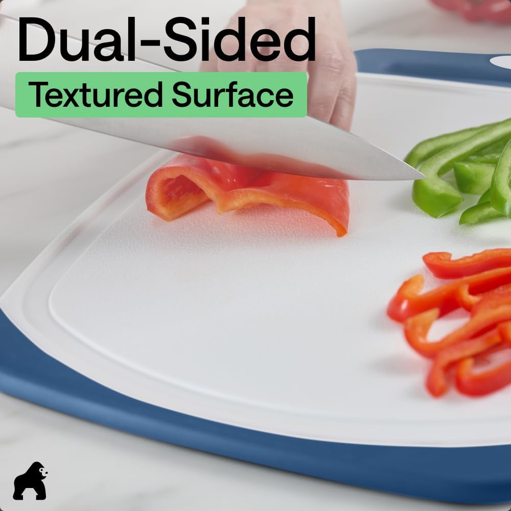 GORILLA GRIP BPA-Free Reversible Kitchen Cutting Board Set of 3, US Designed, Nonporous, Juice Grooves Catch Liquid, Slip Resistant Border, Dishwasher Safe, Durable Large Food Chopping Boards, Blue