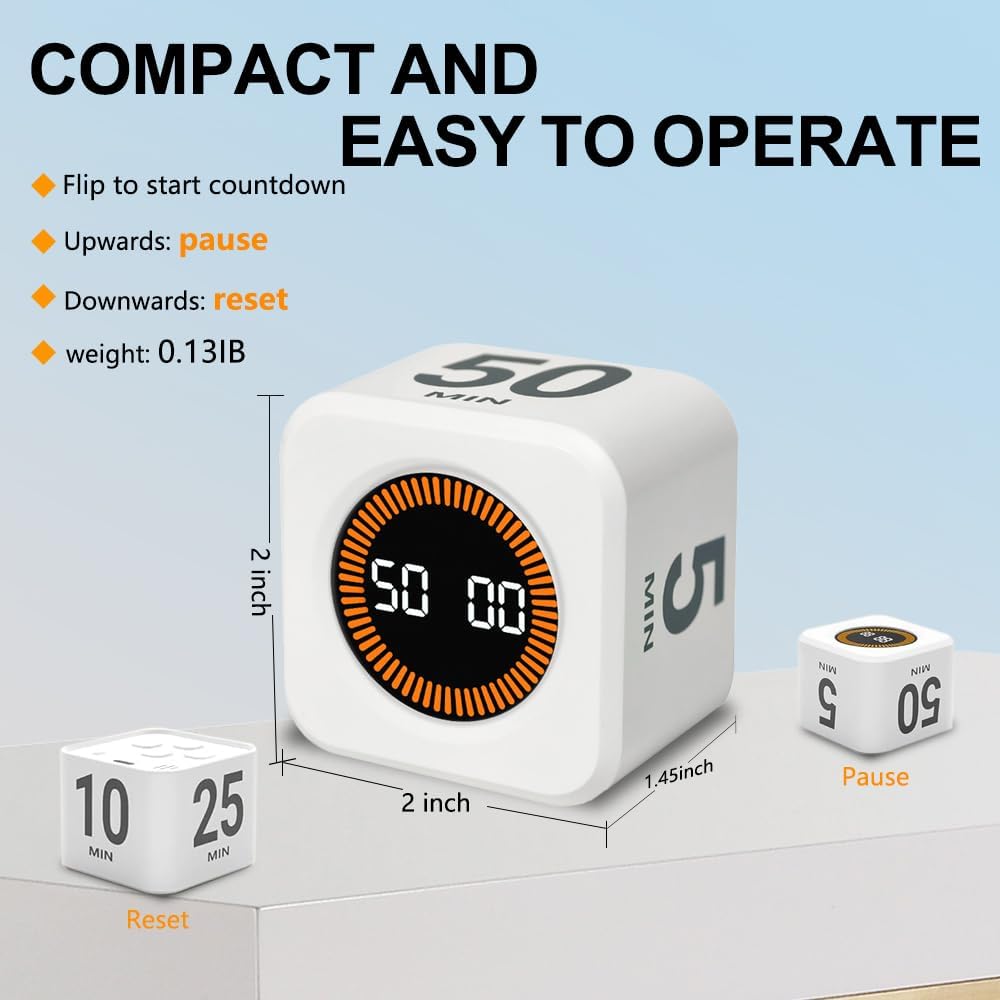 Visual Rotating Timer with 5, 10, 25 50 Minutes Preset, Desk Cube Count Down/up Timer, Rechargeable Custom-time Mute/Sound, Ideal for ADHD Work Learning Kitchen, White