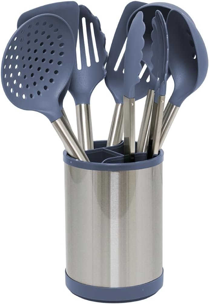 Glad Kitchen Utensils Set, 8pcs - Nonstick Cooking Tools with Stainless Steel Handles & Rotating Utensil Holder - Turners, Ladle, Spoon, Tongs, Spaghetti Server, and Skimmer - Dishwasher Safe, Green