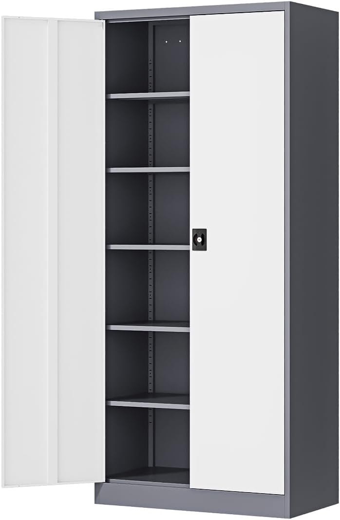 Fesbos Metal Storage Cabinet-71” Tall Steel File Cabinets with Lockable Doors and Adjustable Shelves-Gray&White Steel Storage Cabinet for Home,Kitchen, School, Office, Garage