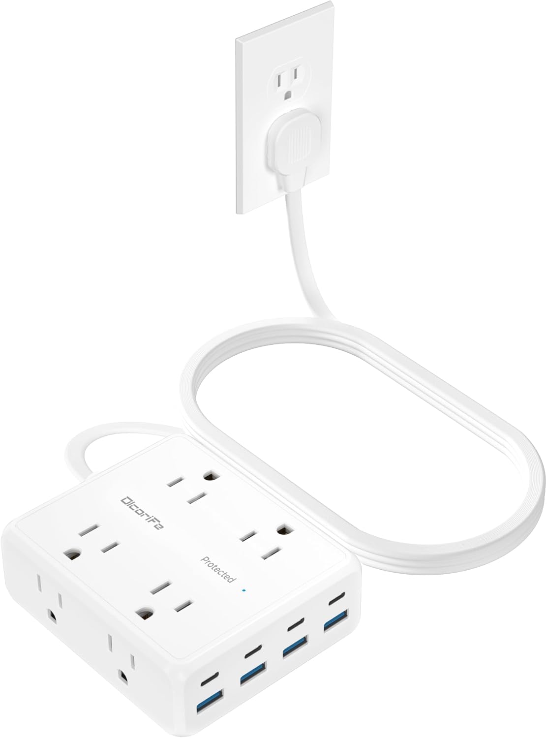 Olcorife Flat Plug Power Strip with 10 FT Extension Cord, 8 Outlets 8 USB Ports(4 USB C), 3 Sided Outlet Extender for Home Office Travel Dorm Room Essentials, White