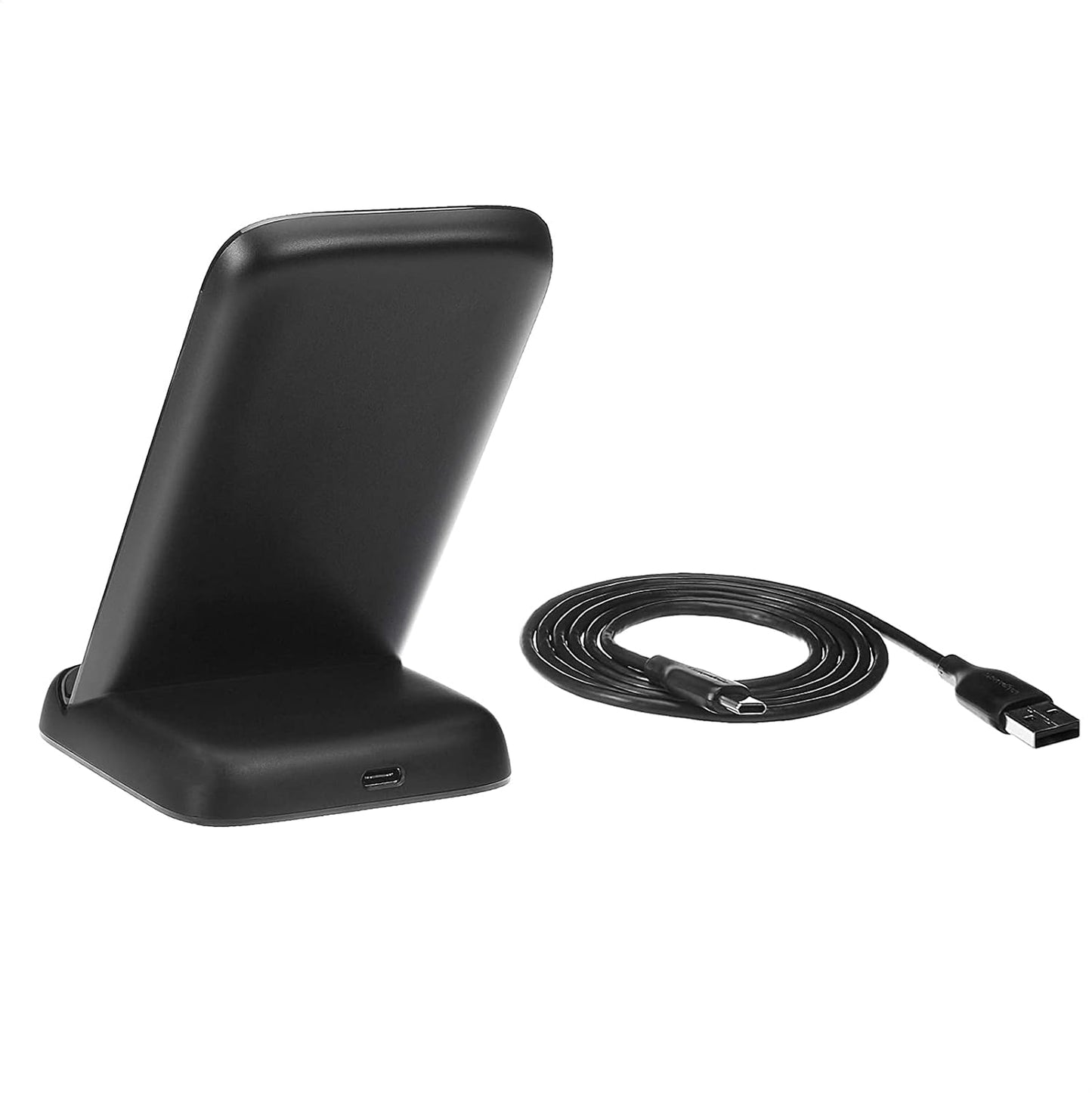 Amazon Basics Wireless Phone Charger Stand, 10W Qi Certified with USB Cable, Compatible with iPhone 16/15/14/13/12/11/X, Samsung & More, with USB Cable, Black (No AC Adapter)