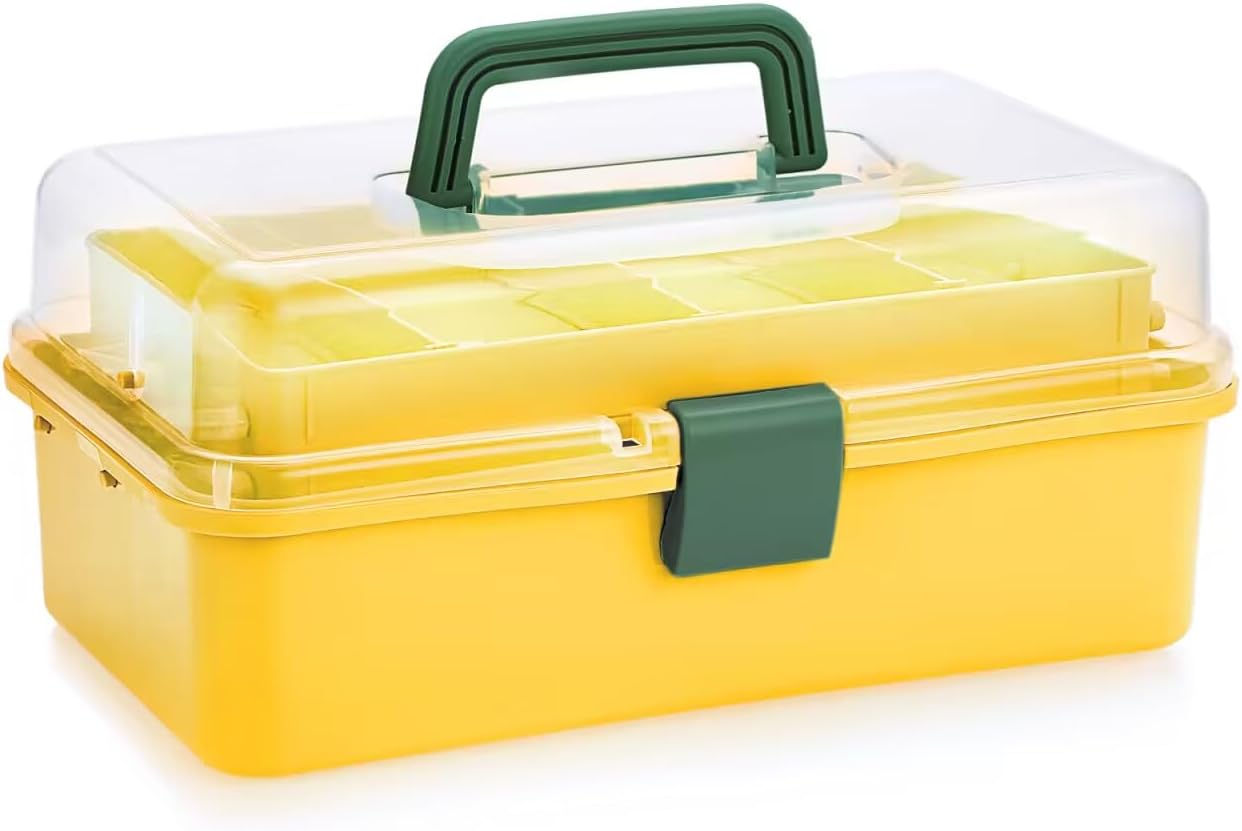 BTSKY 3-Layer Plastic Dividing Storage Box Craft Organizer with Adjustable Spacers Portable Handled Art Supply Organizer Multipurpose Home Utility Box for Sewing (Yellow+Green)