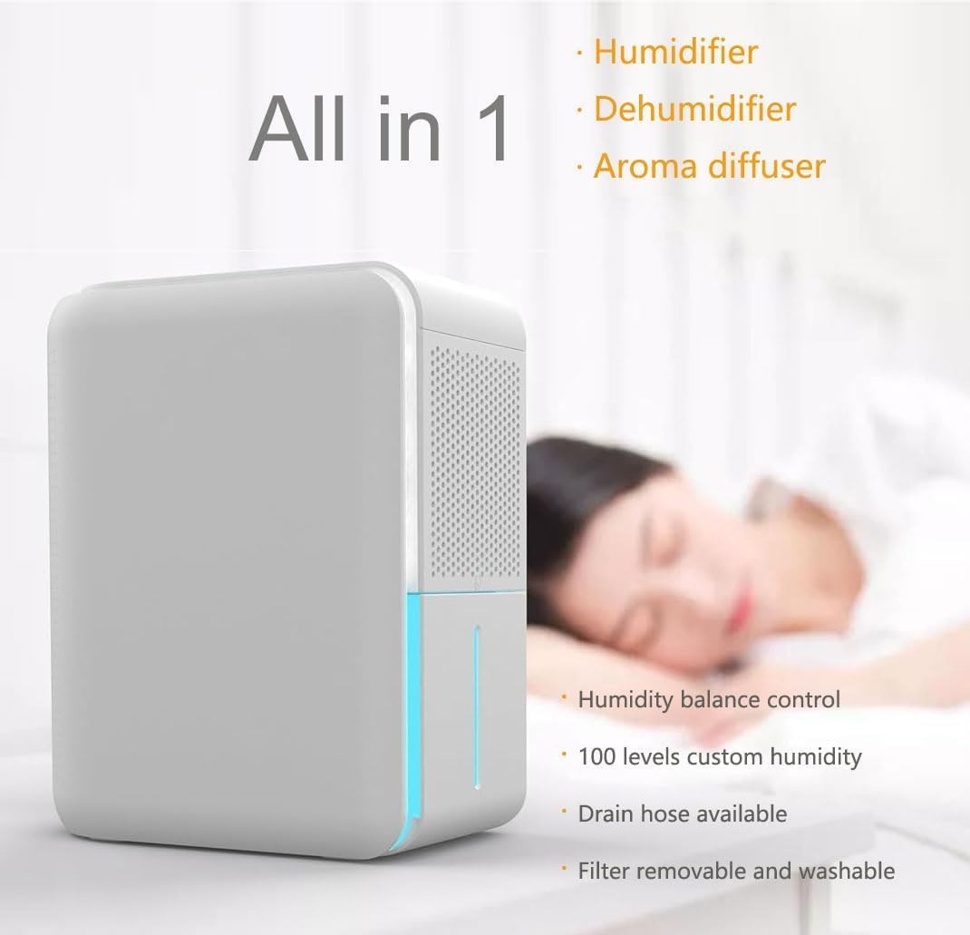 3 in 1 Dehumidifier, Humidifier & Aroma Diffuser with Air Combo One - 39Oz, Small Auto Purifier Humidity Control Quiet 27db Colorful Mist,for Bedroom/Study/Basemen/Bathroom/Home(350 sq.ft)