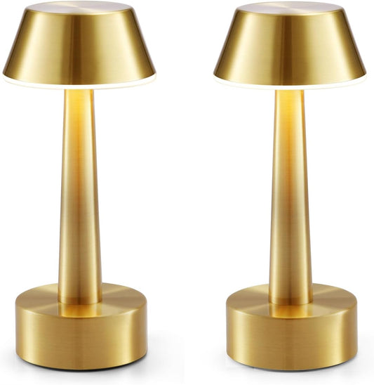 2 Pack Small Cordless Table Lamp for Restaurant, Gold Metal Lamp