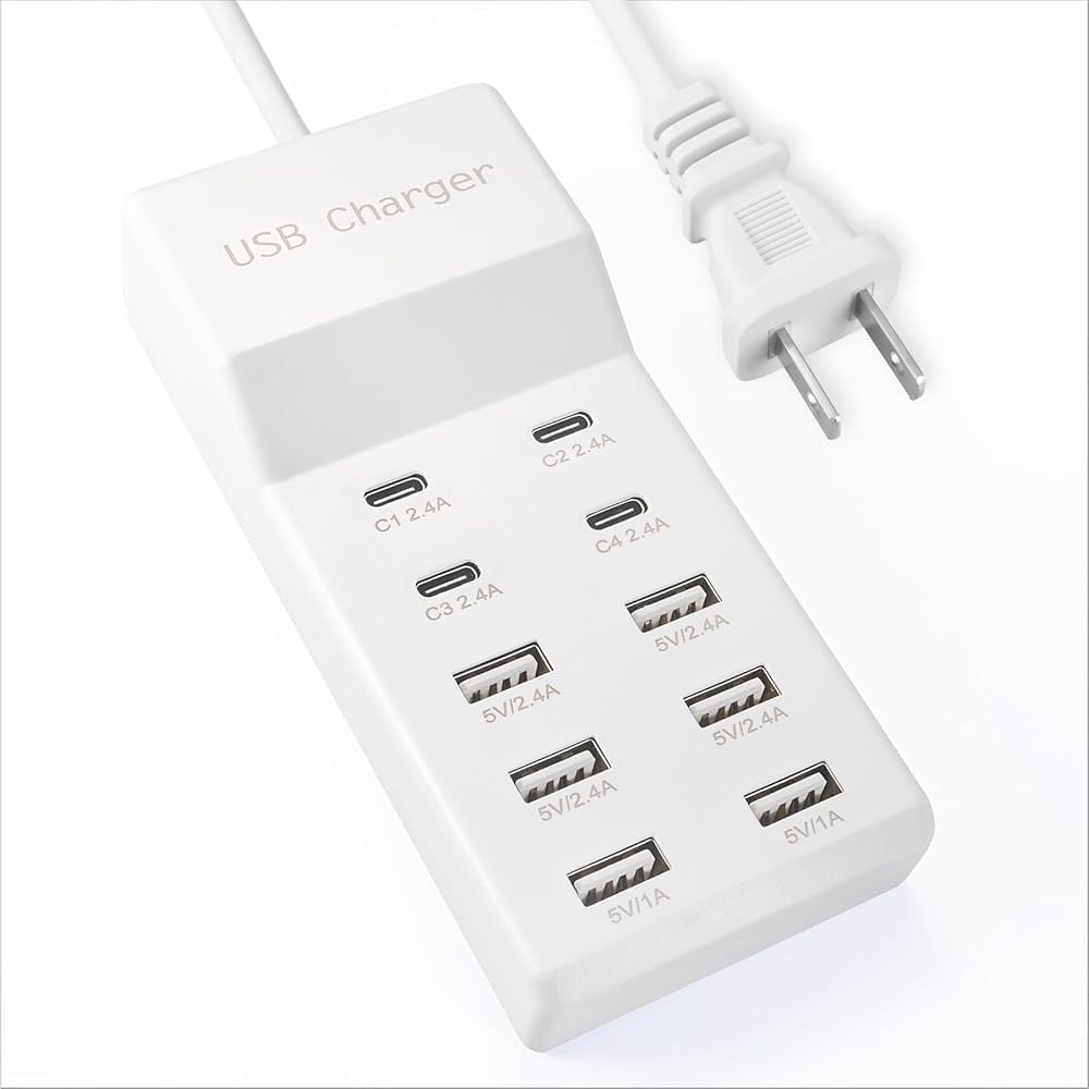 USB Charging Station with 6 USB-A and 4 USB-C Ports, 50W 10A USB Charger Block for Smart Phone, Tablet, Laptop, Multiple Devices - USB Power Strip with Auto-Detect Technology