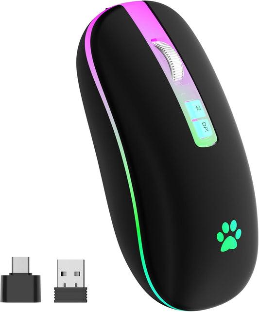 KARFUN Wireless Mouse, Backlit LED Portable Slim Computer Mouse for Laptop, PC, Computer, MacBook, iPad, Chromebook, Notebook, 2.4G Rechargeable Wireless Mouse (Black) (Black-Transparent Nose)