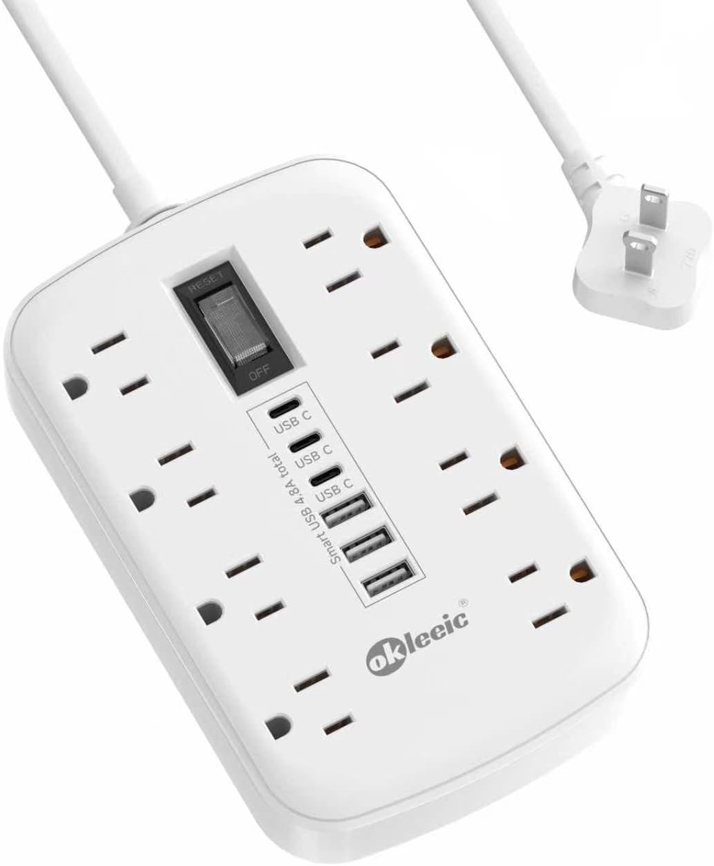 2 Prong Power Strip, 3 to 2 Prong Outlet Adapter, 1700J 2 Prong Surge Protector 5ft Extension Cord with Thin Flat Polarized Plug, 8 AC & 6 USB, Wall Mount for Non-Grounded Outlet, Ideal for Old House