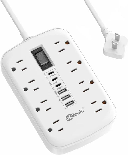 2 Prong Power Strip, 3 to 2 Prong Outlet Adapter, 1700J 2 Prong Surge Protector 5ft Extension Cord with Thin Flat Polarized Plug, 8 AC & 6 USB, Wall Mount for Non-Grounded Outlet, Ideal for Old House