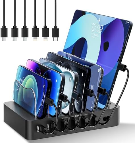 Charging Station for Multiple Devices 68W 6 Port Phone Charger Dock with 6 Cables, 20W Black Fast Charging Station Compatible with Apple Cellphone iPad iPhone Tablet(Black)