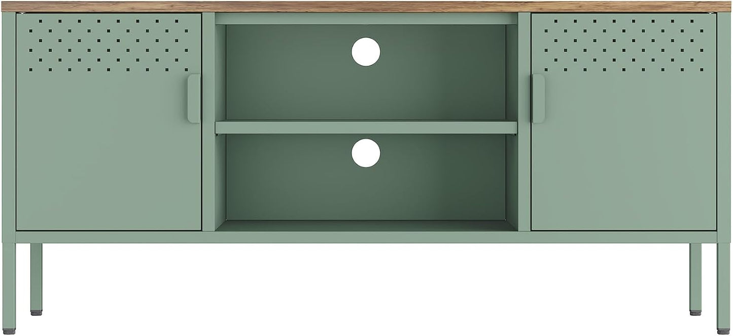 Manhattan Comfort Landen 47" Modern Metal TV Stand with Storage Cabinets & Open Shelves, Holds Up to 40" Screen, TV Console with Natural Wood Top, Cable Management, Adjustable Legs, Green