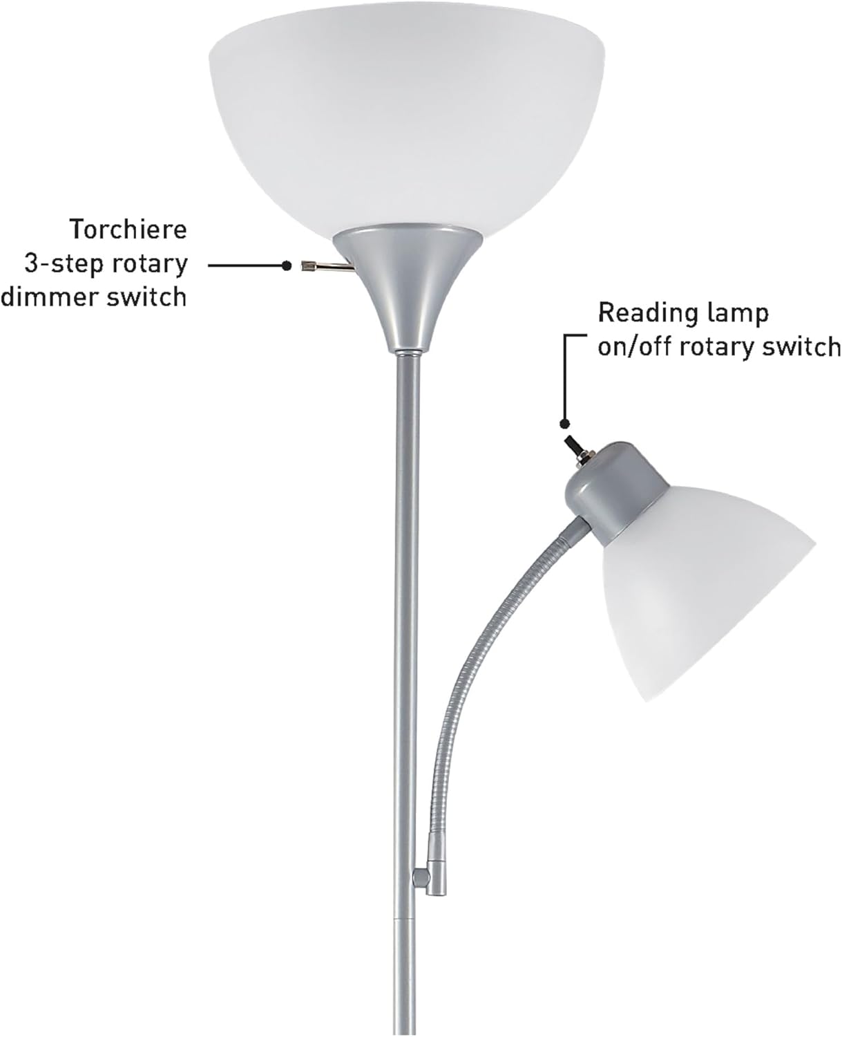 Globe Electric 67134 72" Torchiere Floor Lamp and Adjustable Reading Light, Silver, Frosted Shade, Dual Rotary Switch, 3-Step Dimming, Modern Lighting for Living Room or Office, Timeless