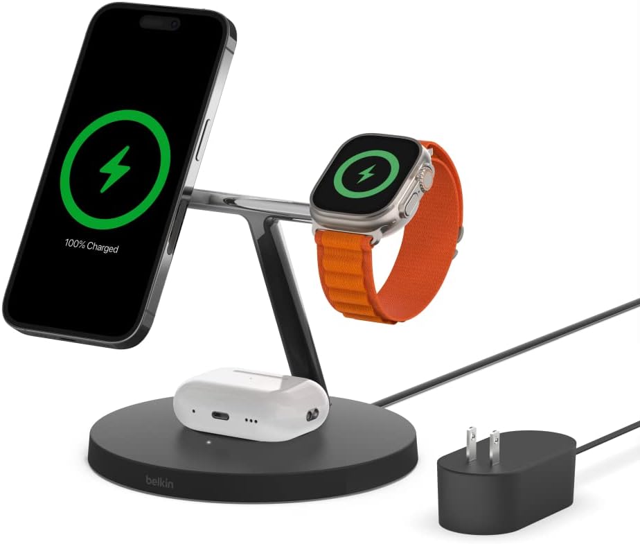Belkin MagSafe-Compatible iPhone Charger, 3-in-1 Wireless Charging Station, Qi2-Certified 15W Wireless Charge for Apple iPhone 17 Series, Apple Watch, AirPods w/Non-Slip Base, 40W Included - Black