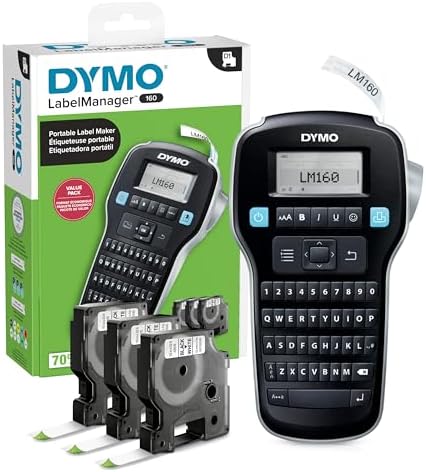 DYMO LabelManager 160 Label Maker Bundle with 3 D1 Label Cassettes, Portable Handheld, QWERTY Keyboard, One-Touch Smart Keys, Large Display, Home & Office Organization