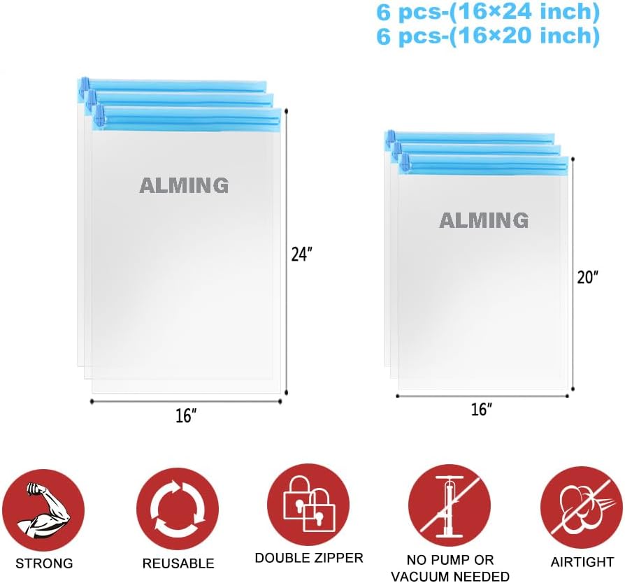 ALMING Compression Bags - Travel Essentials - 12 Pack Space Saver Bags - No Vacuum Pump Or Air Extractor is Needed - Storage Accessorie and Home Packing Organizers (transparent)