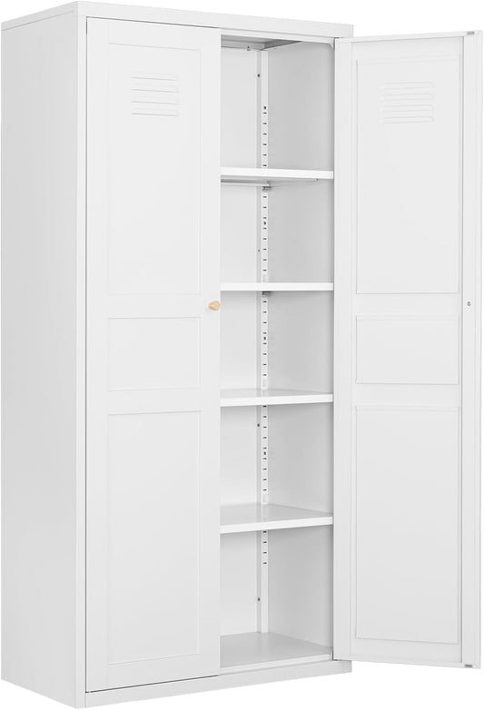 Fesbos Metal Storage Cabinet-71” Tall Steel File Cabinets with Doors and 5 Adjustable Shelves-White Steel Storage Cabinet for Home,Kitchen, School, Office, Garage