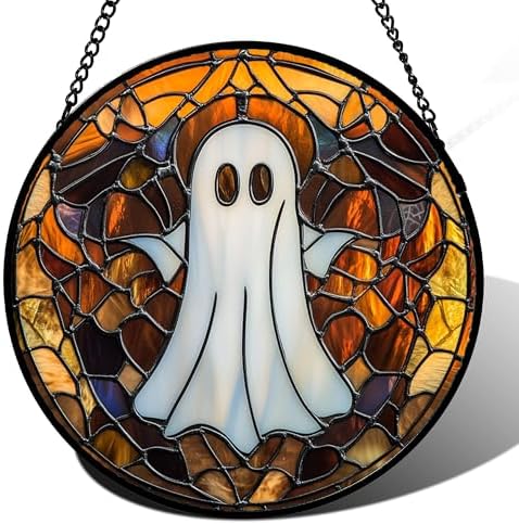 DASTOLL Stained Glass Window Hanging Halloween White Horror Ghost Large 11.8" - Suncatcher Door Garden Kitchen Sun Catcher Home Gothic Decor Birthday for Mom Men Woman Friend Grandma