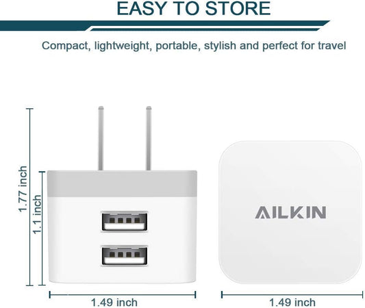 2Pack USB Wall Charger Plug, AILKIN 2.4A Dual Port USB Adapter Power Cube Fast Charging Station Box Base for iPhone 17 16 15 14 13 12 Pro Max SE 11 XR XS, Samsung, Phones Charge Block-White Brick