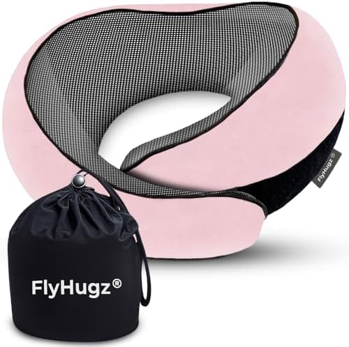 FlyHugz® Neck Travel Pillow Memory Foam Neck Pillow for Comfort on Airplane Compact and Ergonomic Design for Travel, Car Rides, and Home Use Ideal for Adults and Kids. (Pink)