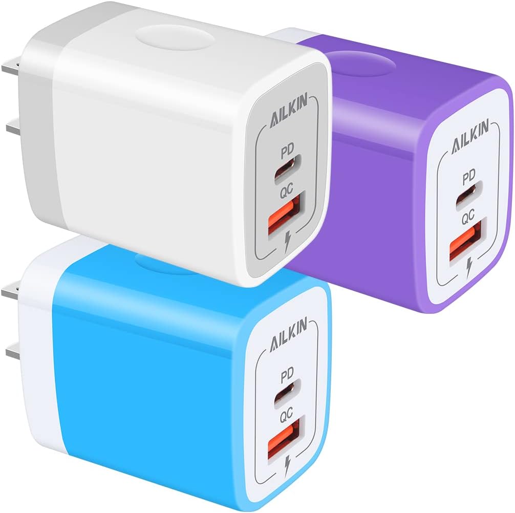 3Pack Dual Port USB-C Wall Plug-in USBC Charger, AILKIN 20W Power Delivery + QC3.0 USB A Double Port Fast Charging Block for iPhone 17 15 14 13 12 Pro Max 14 Pro Mini 16Pro Max 16 Plus 16E X XS Cube