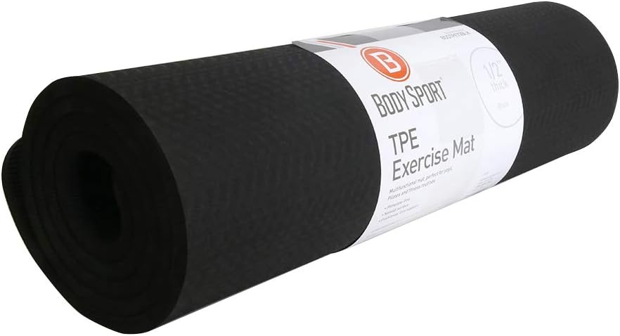 BodySport TPE Exercise Mat for Men and Women – Workout Mat – Perfect for Gyms and Fitness Training – ½ in. Thick, Black