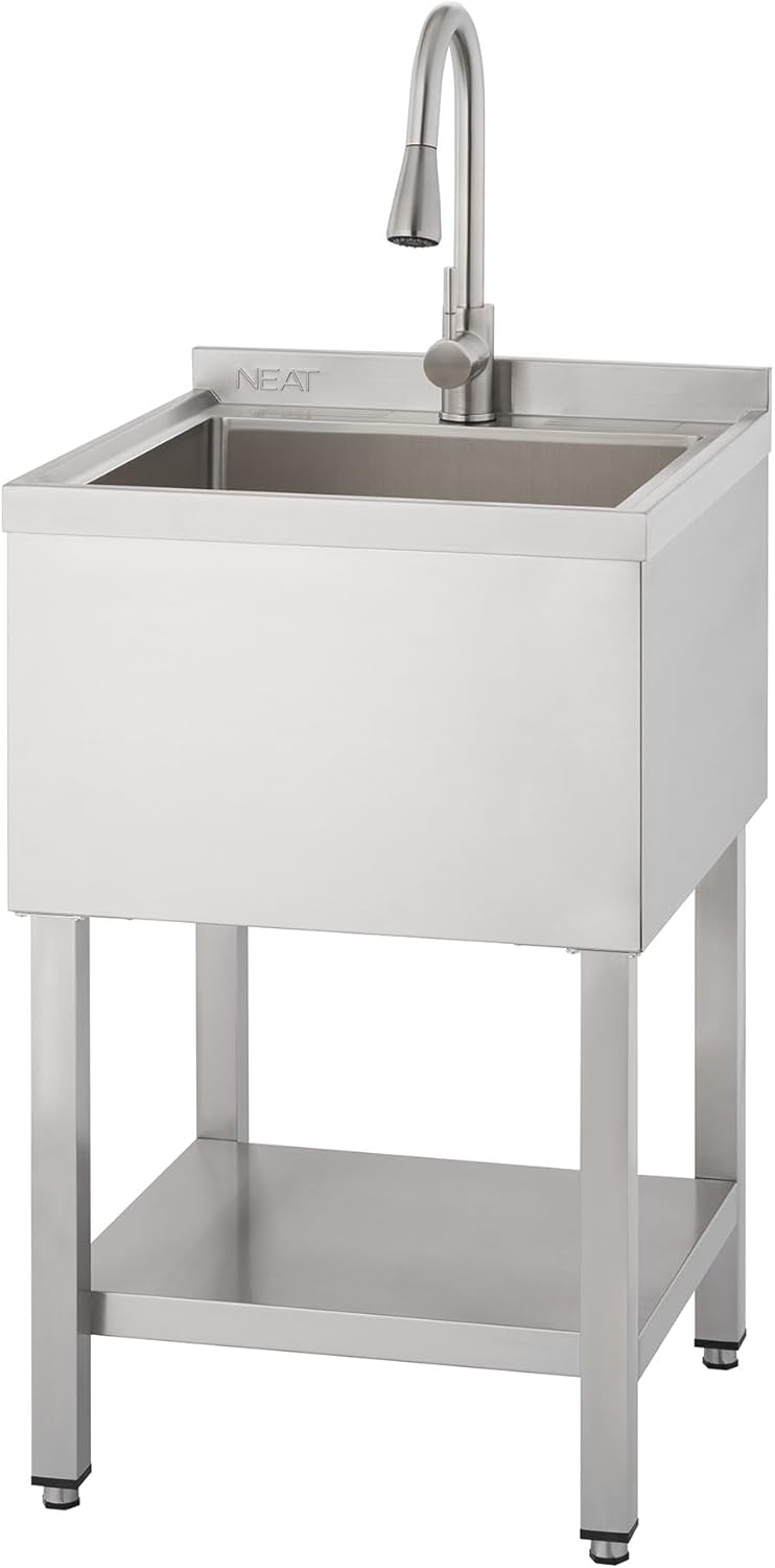 EcoStorage Stainless Steel Utility Sink, Freestanding Single Bowl Utility Sink with Pull-Out Faucet for Garage, Laundry Room, Business, NSF Certified, 22"W x 22"D x 50"H (NHA-0328)