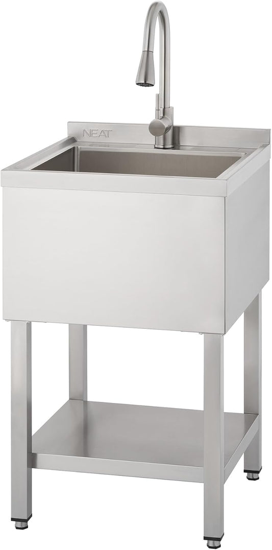 EcoStorage Stainless Steel Utility Sink, Freestanding Single Bowl Utility Sink with Pull-Out Faucet for Garage, Laundry Room, Business, NSF Certified, 22"W x 22"D x 50"H (NHA-0328)