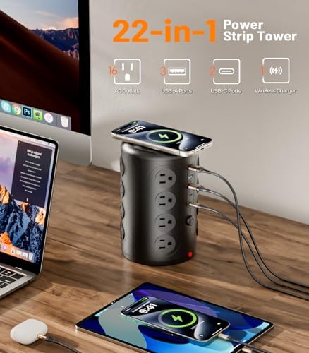 Power Strip Tower, TenTrend 16 Outlets and 5 USB Ports (2 USB-C), 2000 Joules Charging Station, 6FT Flat Plug Extension Cord for Home Office Dorm Room Essentials, Black