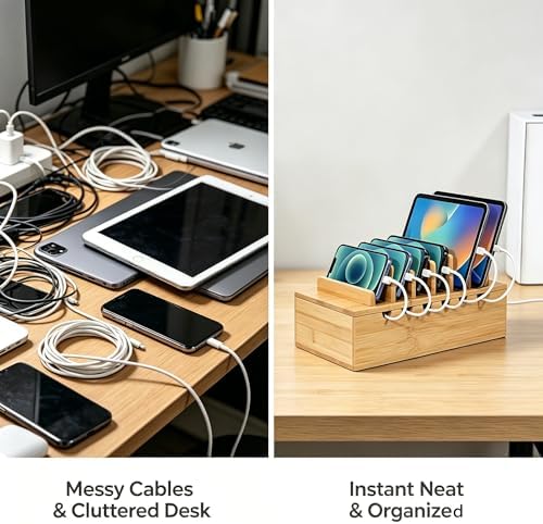 Bamboo Charging Station Organizer, Multi-Device Charging Dock with Cable Management, Phone Tablet Stand for Home Office, 5-Port USB Charger & 6 Cables Included