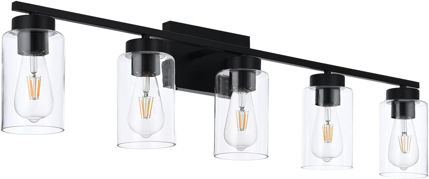 5 Light Bathroom Vanity Light Fixtures, Matte Black Modern Wall Lights with Clear Glass Shade, Vintage Wall Sconce Lighting for Living Room, Mirror, Bedroom, Hallway (Black, 5-Lights)