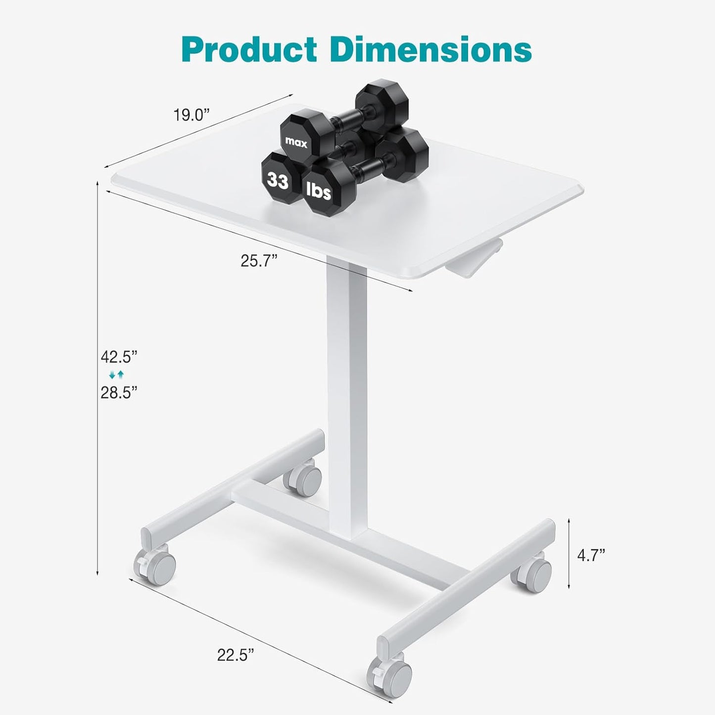 DUMOS Small Rolling Desk Mobile Standing Portable Laptop PC Table with Wheels Adjustable Height Computer Workstation for Home Office, Space Saving Desk for Bedroom Study Use, White